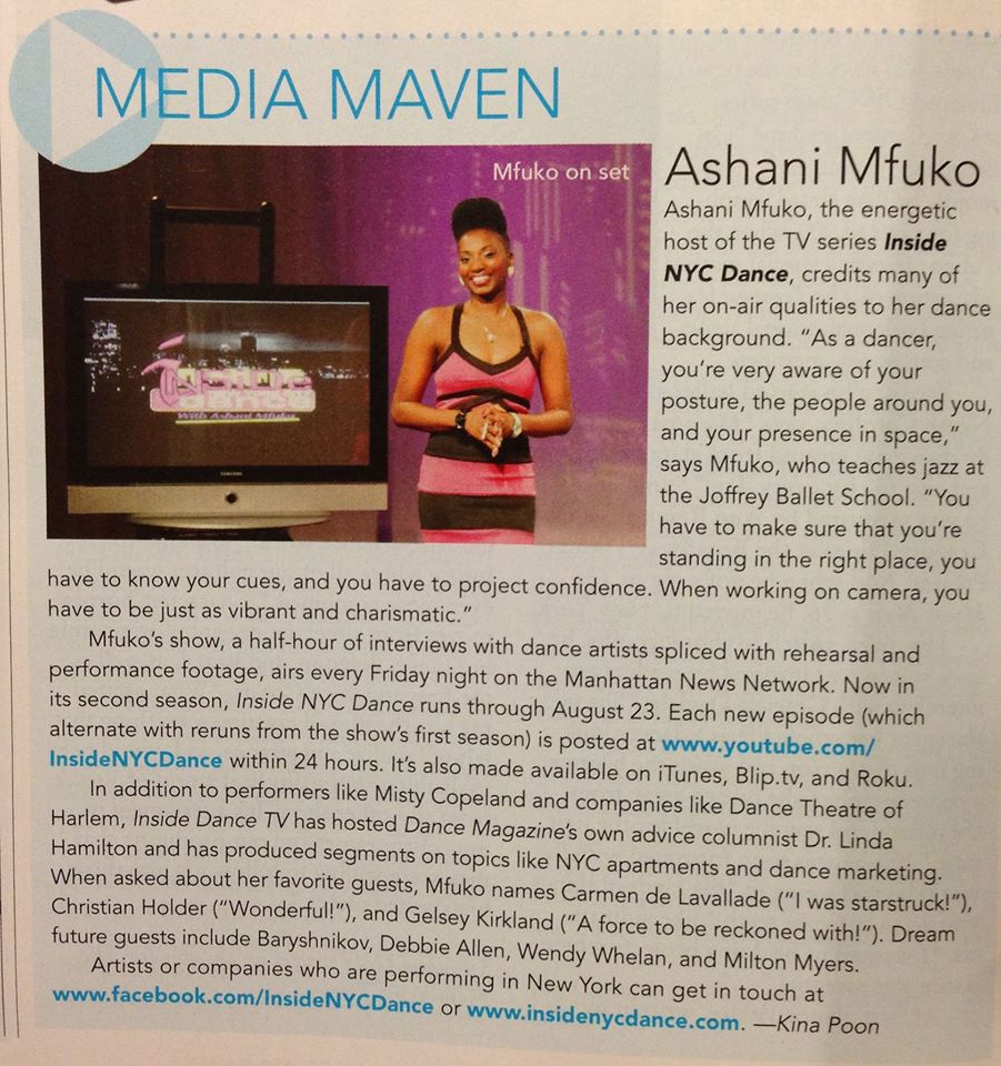 Ashani Mfuko in the August 2013 issue of Dance Magazine